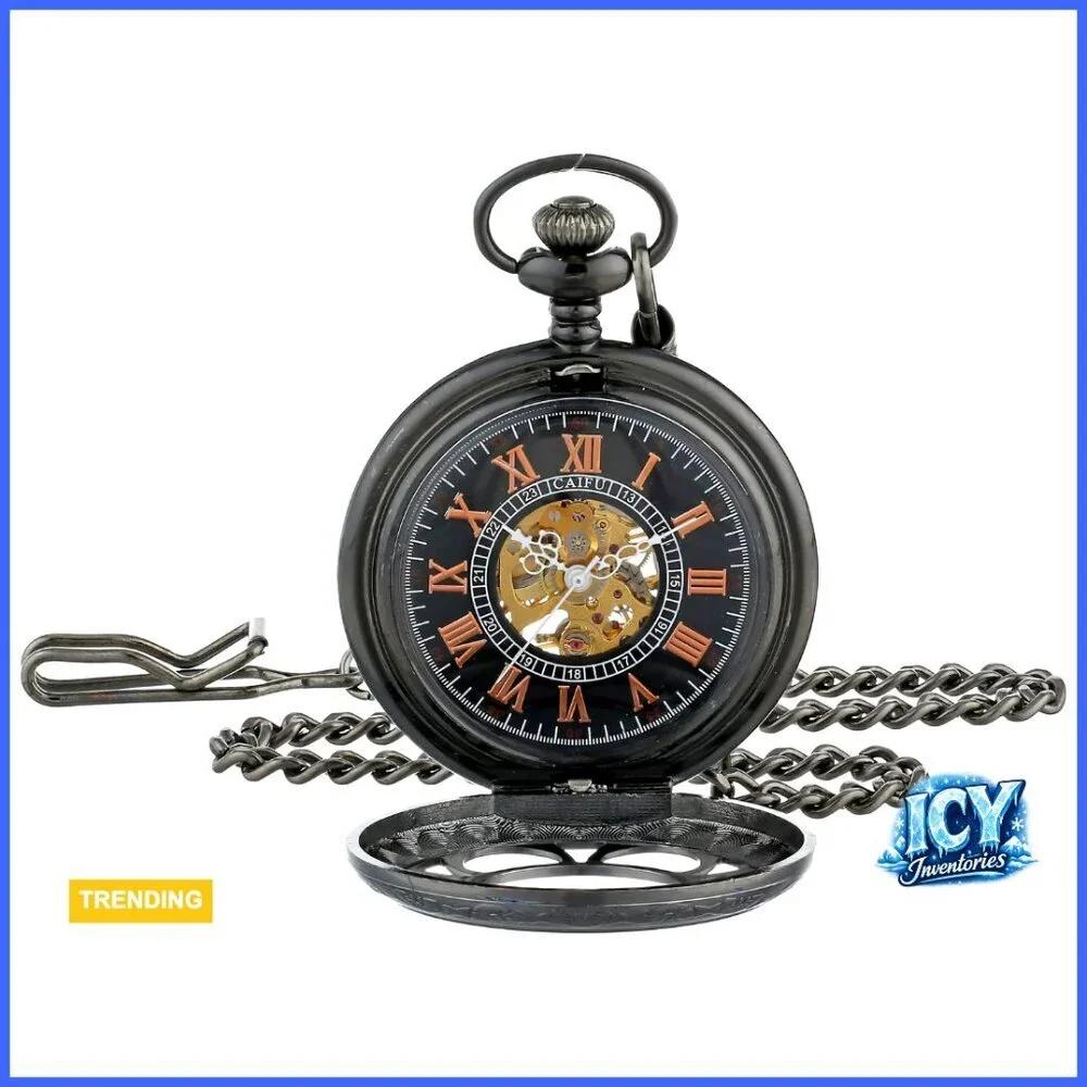Mechanical Hand Wind Pocket Watch with Chain, Vintage Steampunk Accessory